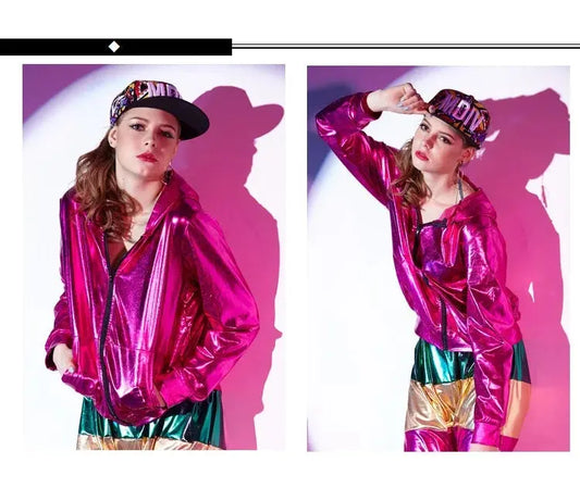 Spring Autumn Women Rose Red Bomber Jacket With A Hood Stage Performance Wear Paillette Feminina Casaco Hip Hop Dance Coat SS69