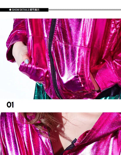 Spring Autumn Women Rose Red Bomber Jacket With A Hood Stage Performance Wear Paillette Feminina Casaco Hip Hop Dance Coat SS69