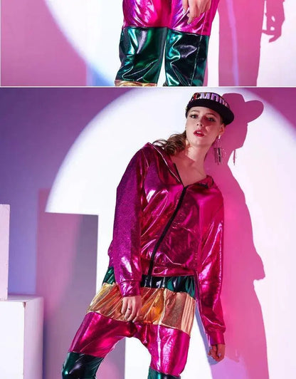 Spring Autumn Women Rose Red Bomber Jacket With A Hood Stage Performance Wear Paillette Feminina Casaco Hip Hop Dance Coat SS69