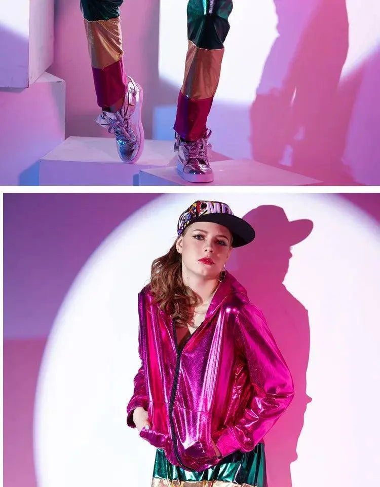 Spring Autumn Women Rose Red Bomber Jacket With A Hood Stage Performance Wear Paillette Feminina Casaco Hip Hop Dance Coat SS69