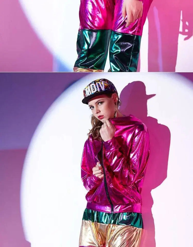 Spring Autumn Women Rose Red Bomber Jacket With A Hood Stage Performance Wear Paillette Feminina Casaco Hip Hop Dance Coat SS69