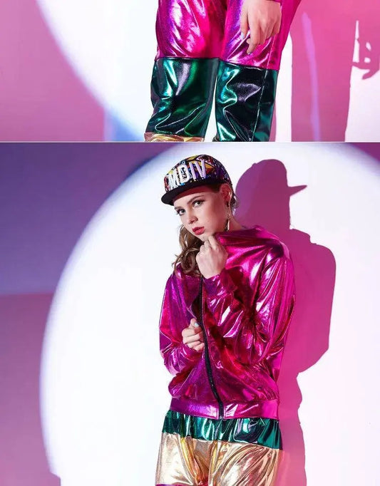 Spring Autumn Women Rose Red Bomber Jacket With A Hood Stage Performance Wear Paillette Feminina Casaco Hip Hop Dance Coat SS69