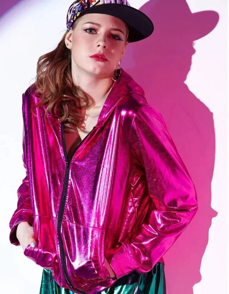 Spring Autumn Women Rose Red Bomber Jacket With A Hood Stage Performance Wear Paillette Feminina Casaco Hip Hop Dance Coat SS69