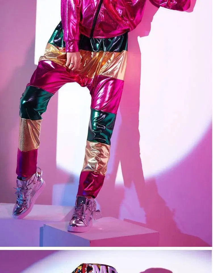 Spring Autumn Women Rose Red Bomber Jacket With A Hood Stage Performance Wear Paillette Feminina Casaco Hip Hop Dance Coat SS69