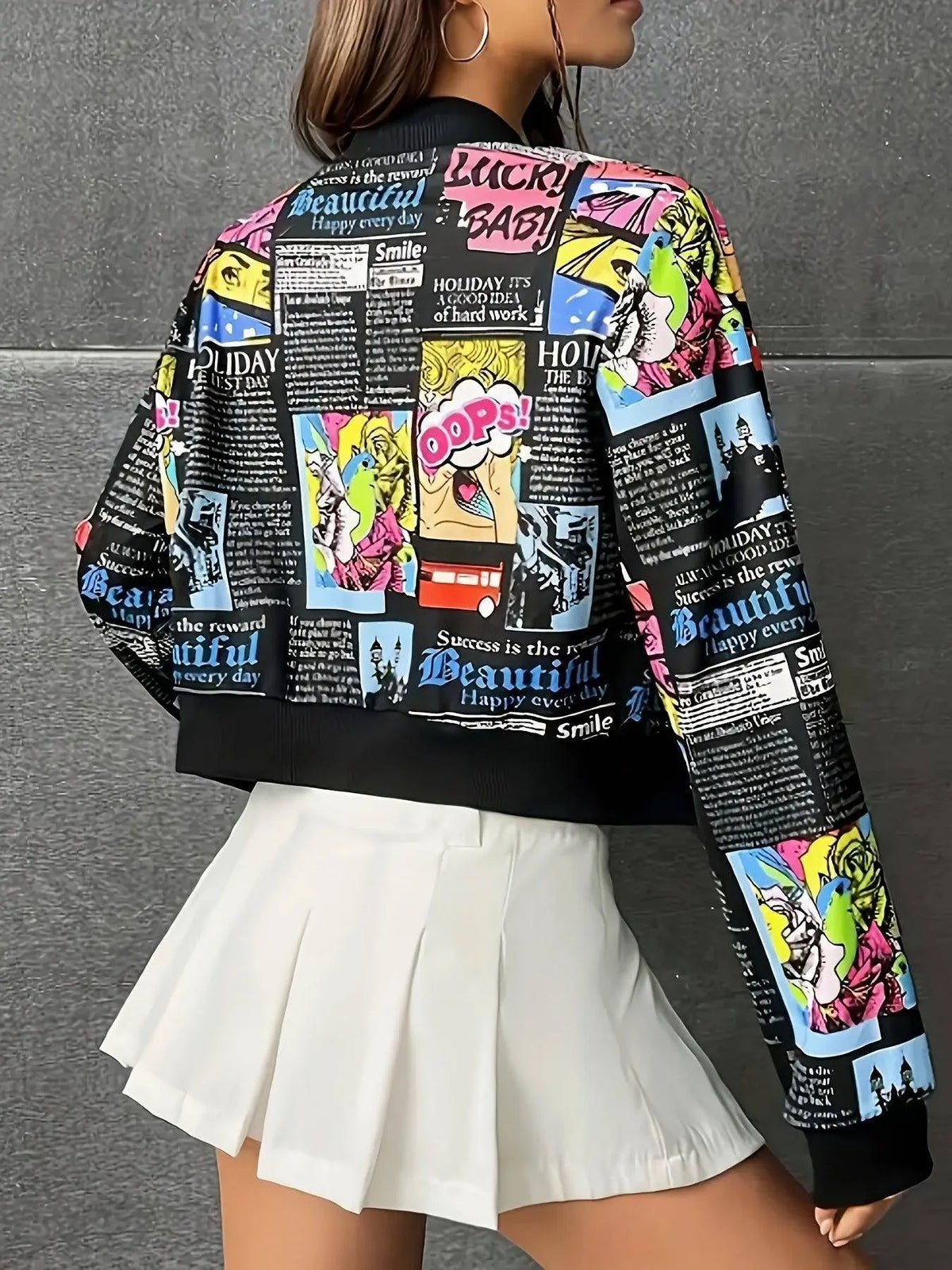 Spring/Fall Casual Polyester Bomber Jacket with Small Stand-Up Collar, Zippered Full-Print Pattern, Knit Fabric - Women's Fashion Jacket SS69