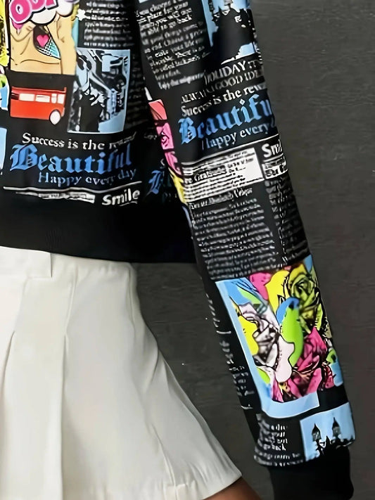 Spring/Fall Casual Polyester Bomber Jacket with Small Stand-Up Collar, Zippered Full-Print Pattern, Knit Fabric - Women's Fashion Jacket SS69