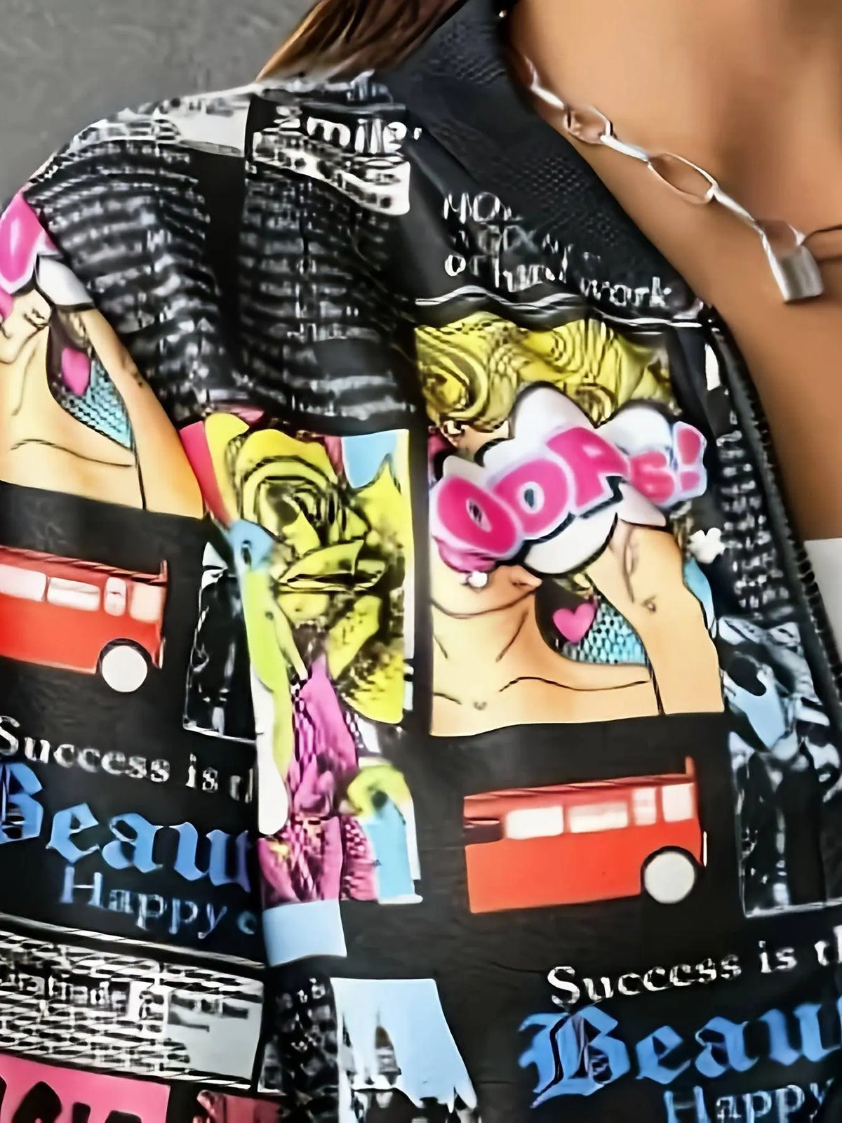 Spring/Fall Casual Polyester Bomber Jacket with Small Stand-Up Collar, Zippered Full-Print Pattern, Knit Fabric - Women's Fashion Jacket SS69