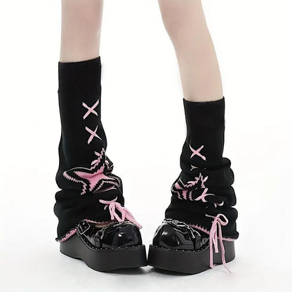 Star Pattern Lace Up Leg Warmers, Y2K Harajuku Style Flared Knee High Socks, Women's Stockings & Hosiery - SS69