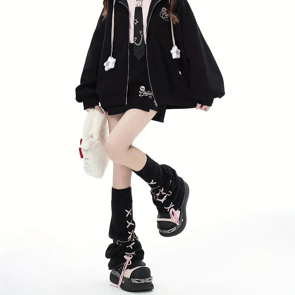 Star Pattern Lace Up Leg Warmers, Y2K Harajuku Style Flared Knee High Socks, Women's Stockings & Hosiery - SS69