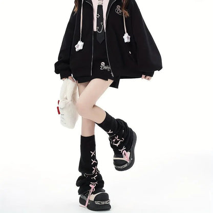 Star Pattern Lace Up Leg Warmers, Y2K Harajuku Style Flared Knee High Socks, Women's Stockings & Hosiery - SS69