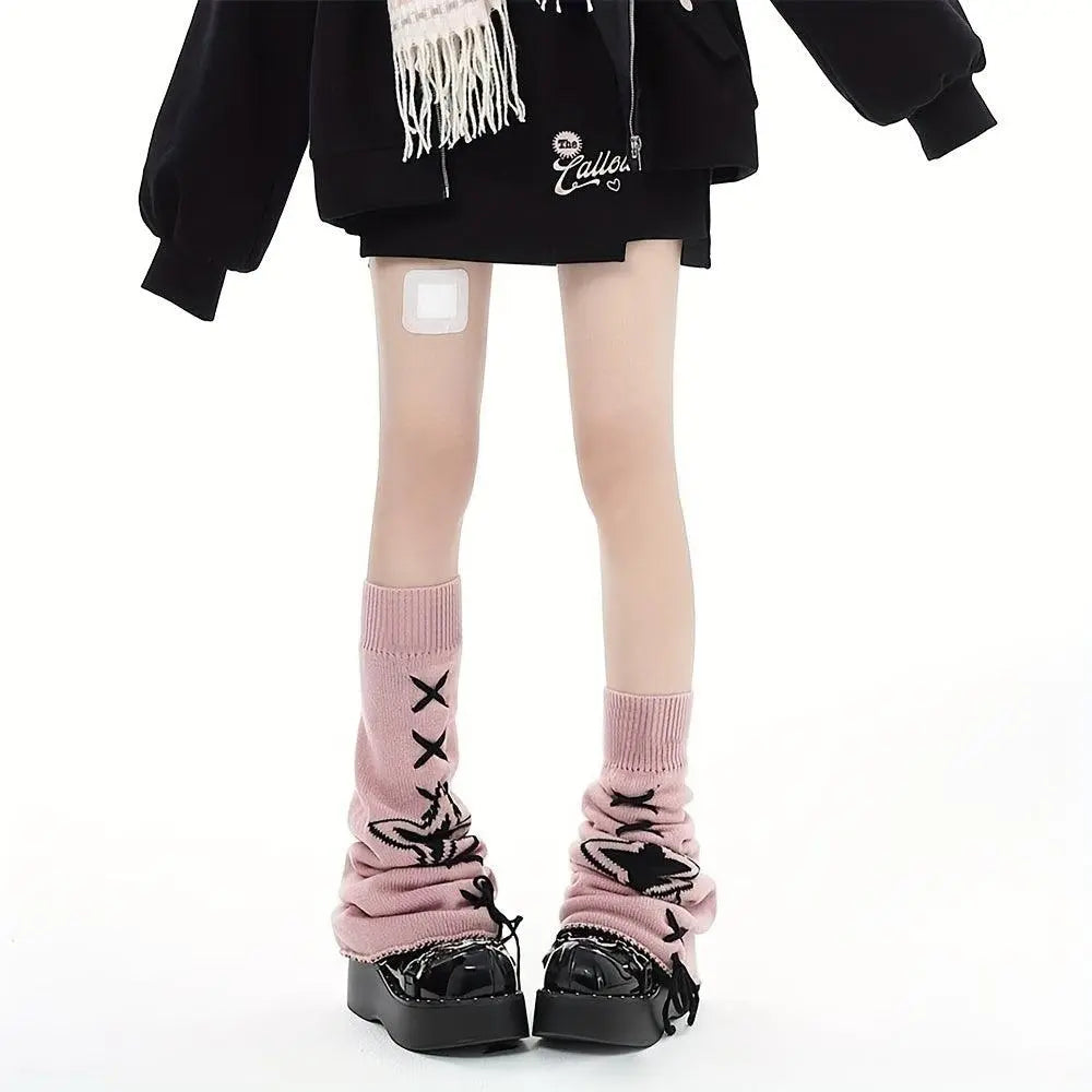 Star Pattern Lace Up Leg Warmers, Y2K Harajuku Style Flared Knee High Socks, Women's Stockings & Hosiery - SS69