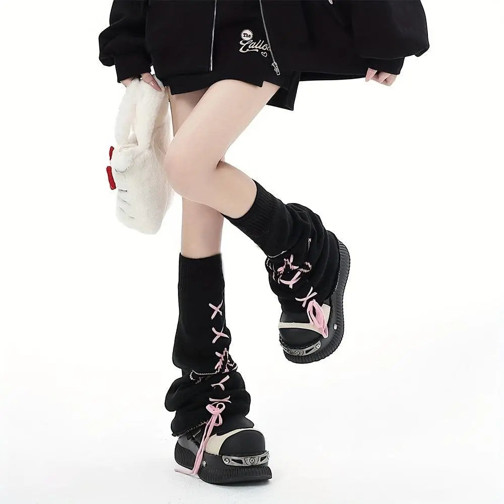 Star Pattern Lace Up Leg Warmers, Y2K Harajuku Style Flared Knee High Socks, Women's Stockings & Hosiery - SS69