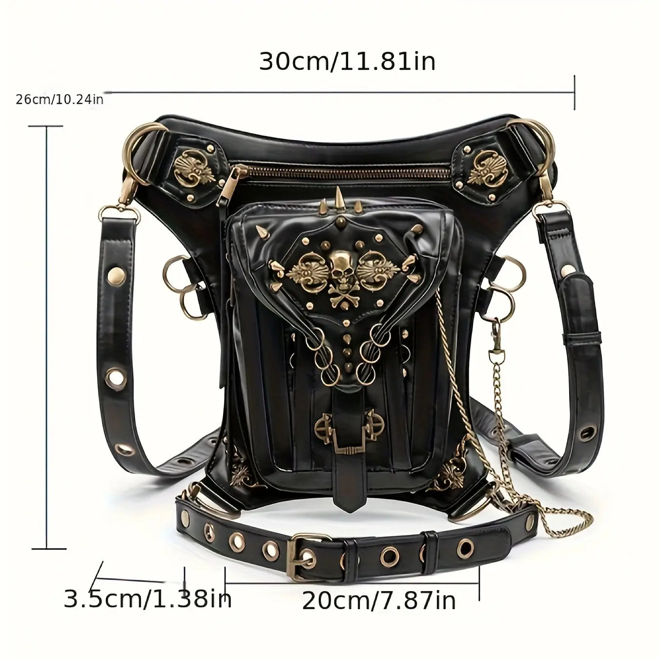 Steampunk Gothic Waist Pack with Detachable Shoulder Strap - Vintage-Inspired Faux Leather Fanny Pack for Bikers, Adjustable Belt Bag with Zip Closure & Rivet Detail, Perfect for Parties SS69