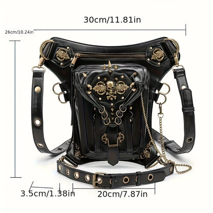 Steampunk Gothic Waist Pack with Detachable Shoulder Strap - Vintage-Inspired Faux Leather Fanny Pack for Bikers, Adjustable Belt Bag with Zip Closure & Rivet Detail, Perfect for Parties SS69
