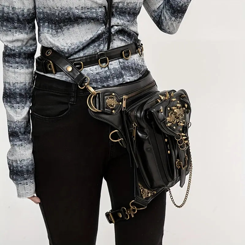 Steampunk Gothic Waist Pack with Detachable Shoulder Strap - Vintage-Inspired Faux Leather Fanny Pack for Bikers, Adjustable Belt Bag with Zip Closure & Rivet Detail, Perfect for Parties SS69