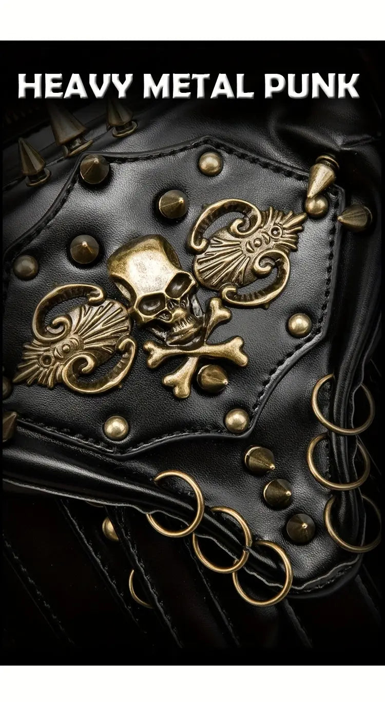 Steampunk Gothic Waist Pack with Detachable Shoulder Strap - Vintage-Inspired Faux Leather Fanny Pack for Bikers, Adjustable Belt Bag with Zip Closure & Rivet Detail, Perfect for Parties SS69