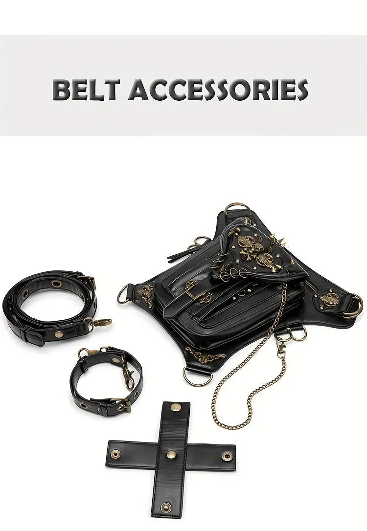 Steampunk Gothic Waist Pack with Detachable Shoulder Strap - Vintage-Inspired Faux Leather Fanny Pack for Bikers, Adjustable Belt Bag with Zip Closure & Rivet Detail, Perfect for Parties SS69