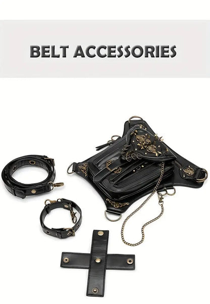 Steampunk Gothic Waist Pack with Detachable Shoulder Strap - Vintage-Inspired Faux Leather Fanny Pack for Bikers, Adjustable Belt Bag with Zip Closure & Rivet Detail, Perfect for Parties SS69