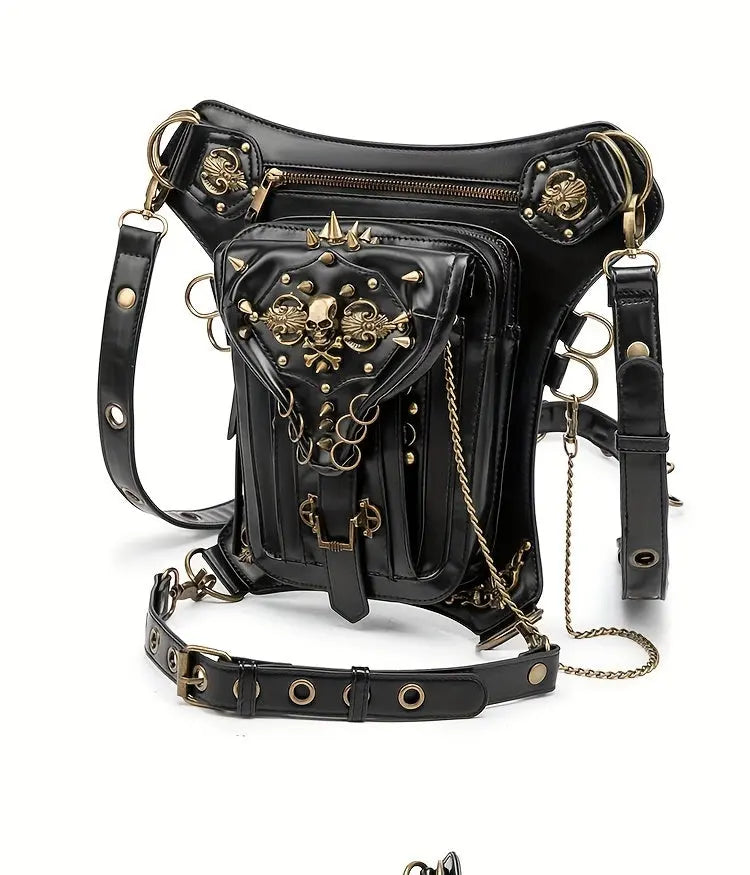 Steampunk Gothic Waist Pack with Detachable Shoulder Strap - Vintage-Inspired Faux Leather Fanny Pack for Bikers, Adjustable Belt Bag with Zip Closure & Rivet Detail, Perfect for Parties SS69