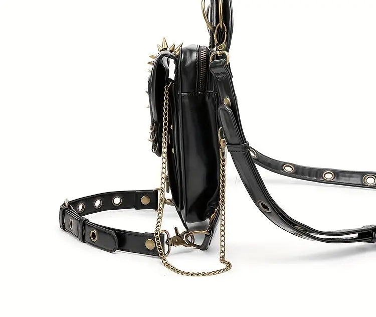 Steampunk Gothic Waist Pack with Detachable Shoulder Strap - Vintage-Inspired Faux Leather Fanny Pack for Bikers, Adjustable Belt Bag with Zip Closure & Rivet Detail, Perfect for Parties SS69
