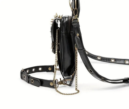 Steampunk Gothic Waist Pack with Detachable Shoulder Strap - Vintage-Inspired Faux Leather Fanny Pack for Bikers, Adjustable Belt Bag with Zip Closure & Rivet Detail, Perfect for Parties SS69