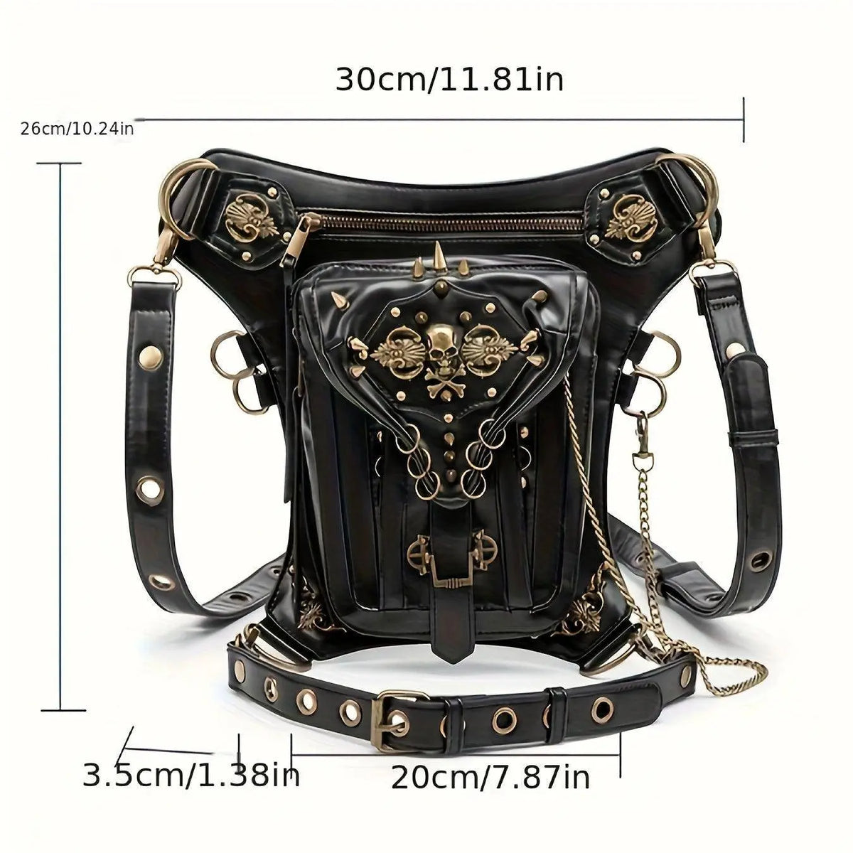 Steampunk Gothic Waist Pack with Detachable Shoulder Strap - Vintage-Inspired Faux Leather Fanny Pack for Bikers, Adjustable Belt Bag with Zip Closure & Rivet Detail, Perfect for Parties SS69