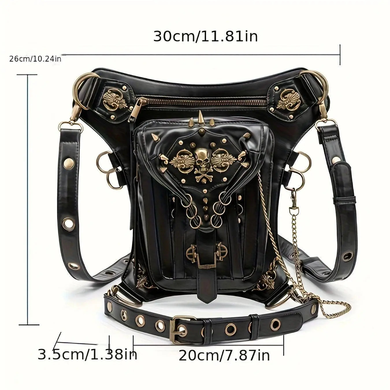 Steampunk Gothic Waist Pack with Detachable Shoulder Strap - Vintage-Inspired Faux Leather Fanny Pack for Bikers, Adjustable Belt Bag with Zip Closure & Rivet Detail, Perfect for Parties SS69