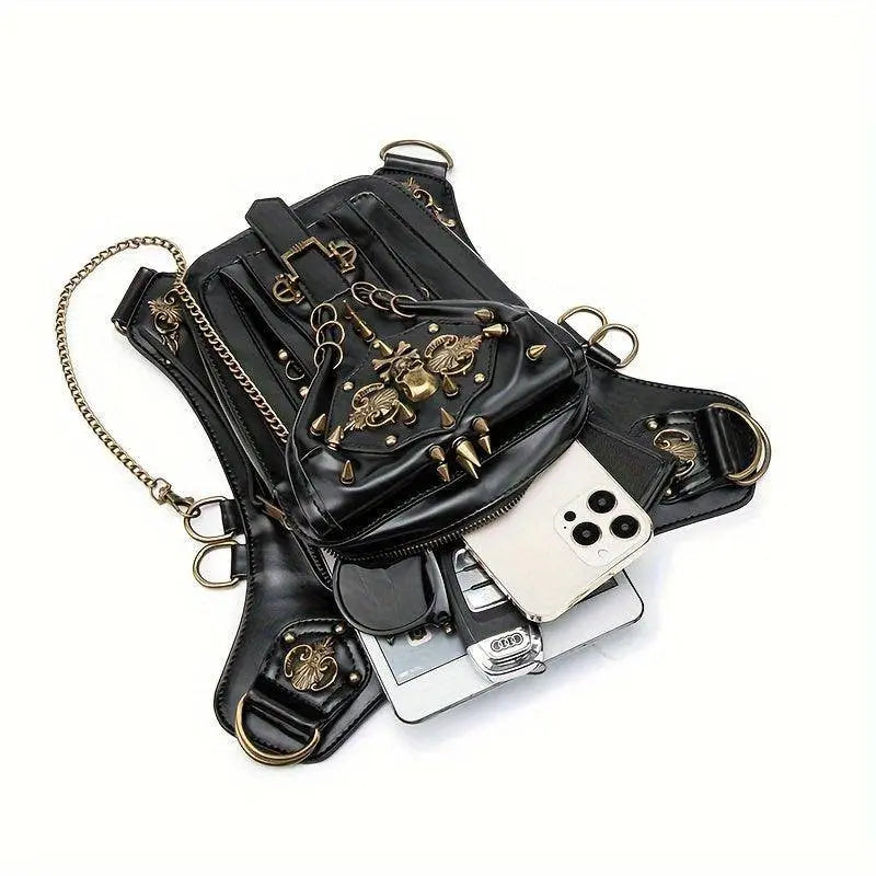 Steampunk Gothic Waist Pack with Detachable Shoulder Strap - Vintage-Inspired Faux Leather Fanny Pack for Bikers, Adjustable Belt Bag with Zip Closure & Rivet Detail, Perfect for Parties SS69