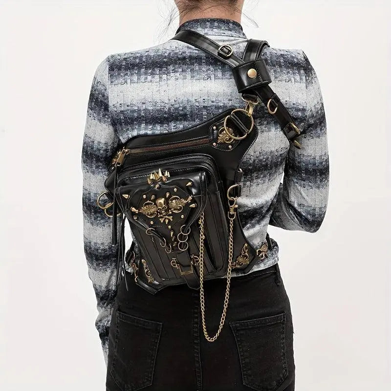 Steampunk Gothic Waist Pack with Detachable Shoulder Strap - Vintage-Inspired Faux Leather Fanny Pack for Bikers, Adjustable Belt Bag with Zip Closure & Rivet Detail, Perfect for Parties SS69