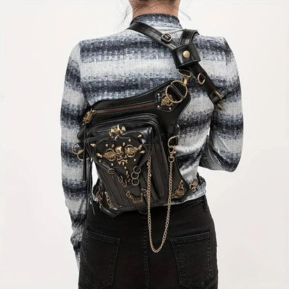 Steampunk Gothic Waist Pack with Detachable Shoulder Strap - Vintage-Inspired Faux Leather Fanny Pack for Bikers, Adjustable Belt Bag with Zip Closure & Rivet Detail, Perfect for Parties SS69