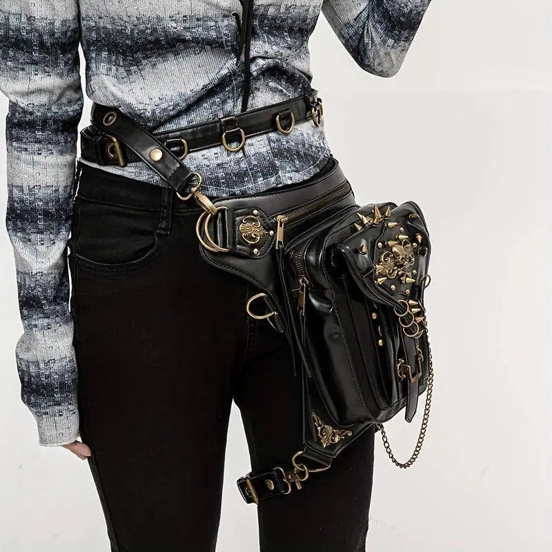 Steampunk Gothic Waist Pack with Detachable Shoulder Strap - Vintage-Inspired Faux Leather Fanny Pack for Bikers, Adjustable Belt Bag with Zip Closure & Rivet Detail, Perfect for Parties SS69