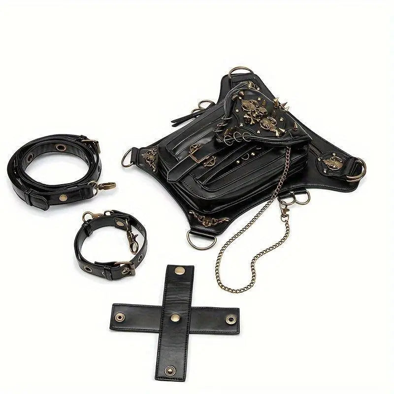 Steampunk Gothic Waist Pack with Detachable Shoulder Strap - Vintage-Inspired Faux Leather Fanny Pack for Bikers, Adjustable Belt Bag with Zip Closure & Rivet Detail, Perfect for Parties SS69