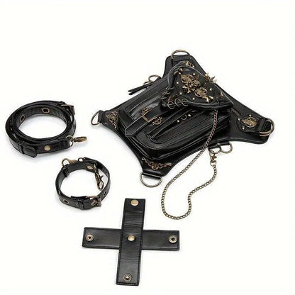 Steampunk Gothic Waist Pack with Detachable Shoulder Strap - Vintage-Inspired Faux Leather Fanny Pack for Bikers, Adjustable Belt Bag with Zip Closure & Rivet Detail, Perfect for Parties SS69