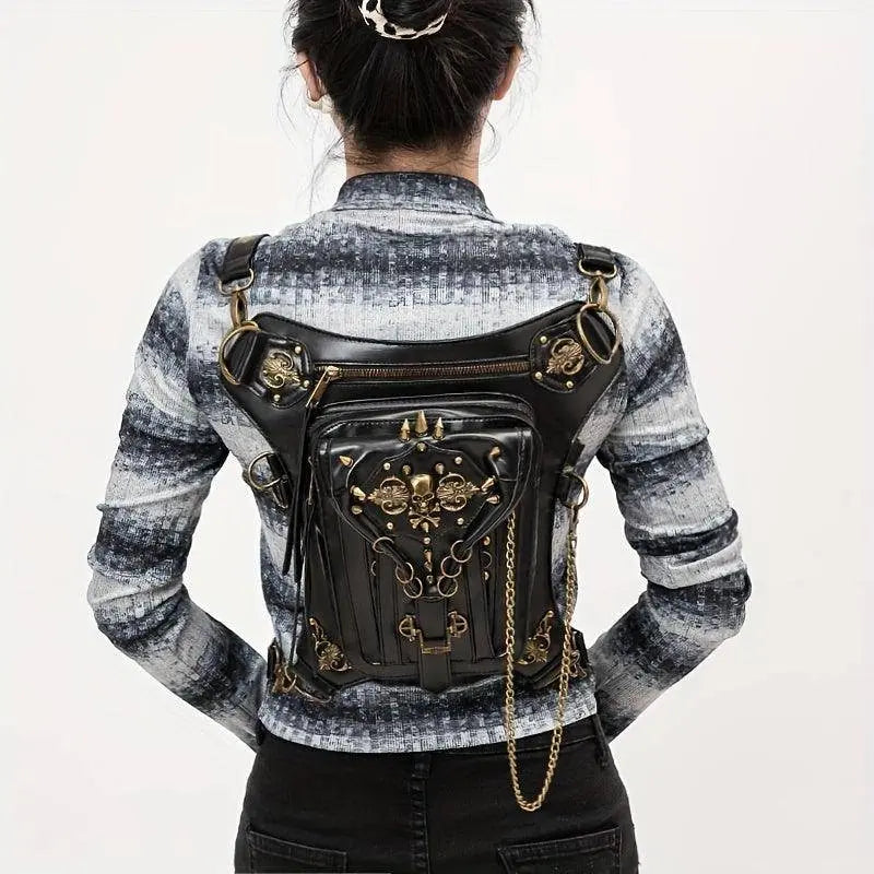 Steampunk Gothic Waist Pack with Detachable Shoulder Strap - Vintage-Inspired Faux Leather Fanny Pack for Bikers, Adjustable Belt Bag with Zip Closure & Rivet Detail, Perfect for Parties SS69