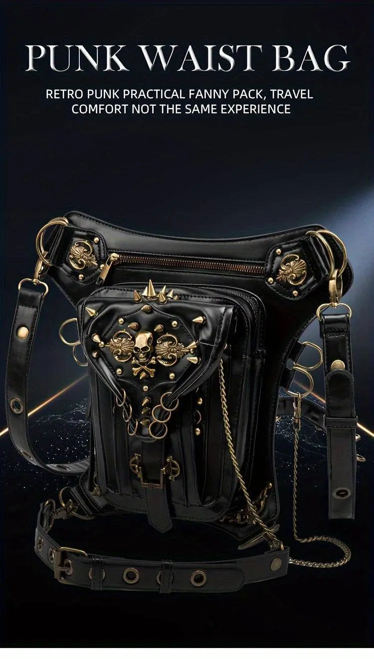 Steampunk Gothic Waist Pack with Detachable Shoulder Strap - Vintage-Inspired Faux Leather Fanny Pack for Bikers, Adjustable Belt Bag with Zip Closure & Rivet Detail, Perfect for Parties SS69