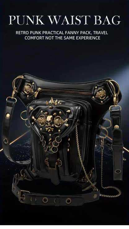 Steampunk Gothic Waist Pack with Detachable Shoulder Strap - Vintage-Inspired Faux Leather Fanny Pack for Bikers, Adjustable Belt Bag with Zip Closure & Rivet Detail, Perfect for Parties SS69