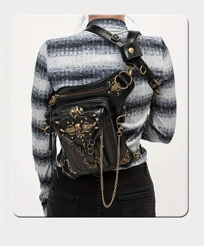 Steampunk Gothic Waist Pack with Detachable Shoulder Strap - Vintage-Inspired Faux Leather Fanny Pack for Bikers, Adjustable Belt Bag with Zip Closure & Rivet Detail, Perfect for Parties SS69