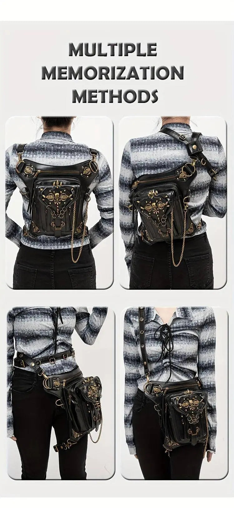 Steampunk Gothic Waist Pack with Detachable Shoulder Strap - Vintage-Inspired Faux Leather Fanny Pack for Bikers, Adjustable Belt Bag with Zip Closure & Rivet Detail, Perfect for Parties SS69
