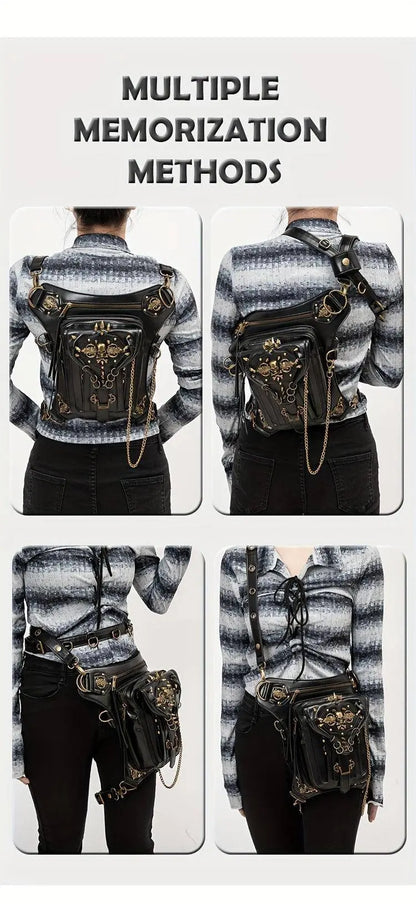 Steampunk Gothic Waist Pack with Detachable Shoulder Strap - Vintage-Inspired Faux Leather Fanny Pack for Bikers, Adjustable Belt Bag with Zip Closure & Rivet Detail, Perfect for Parties SS69