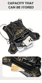 Steampunk Gothic Waist Pack with Detachable Shoulder Strap - Vintage-Inspired Faux Leather Fanny Pack for Bikers, Adjustable Belt Bag with Zip Closure & Rivet Detail, Perfect for Parties SS69
