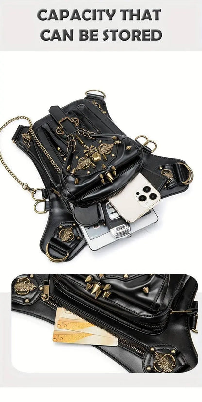 Steampunk Gothic Waist Pack with Detachable Shoulder Strap - Vintage-Inspired Faux Leather Fanny Pack for Bikers, Adjustable Belt Bag with Zip Closure & Rivet Detail, Perfect for Parties SS69