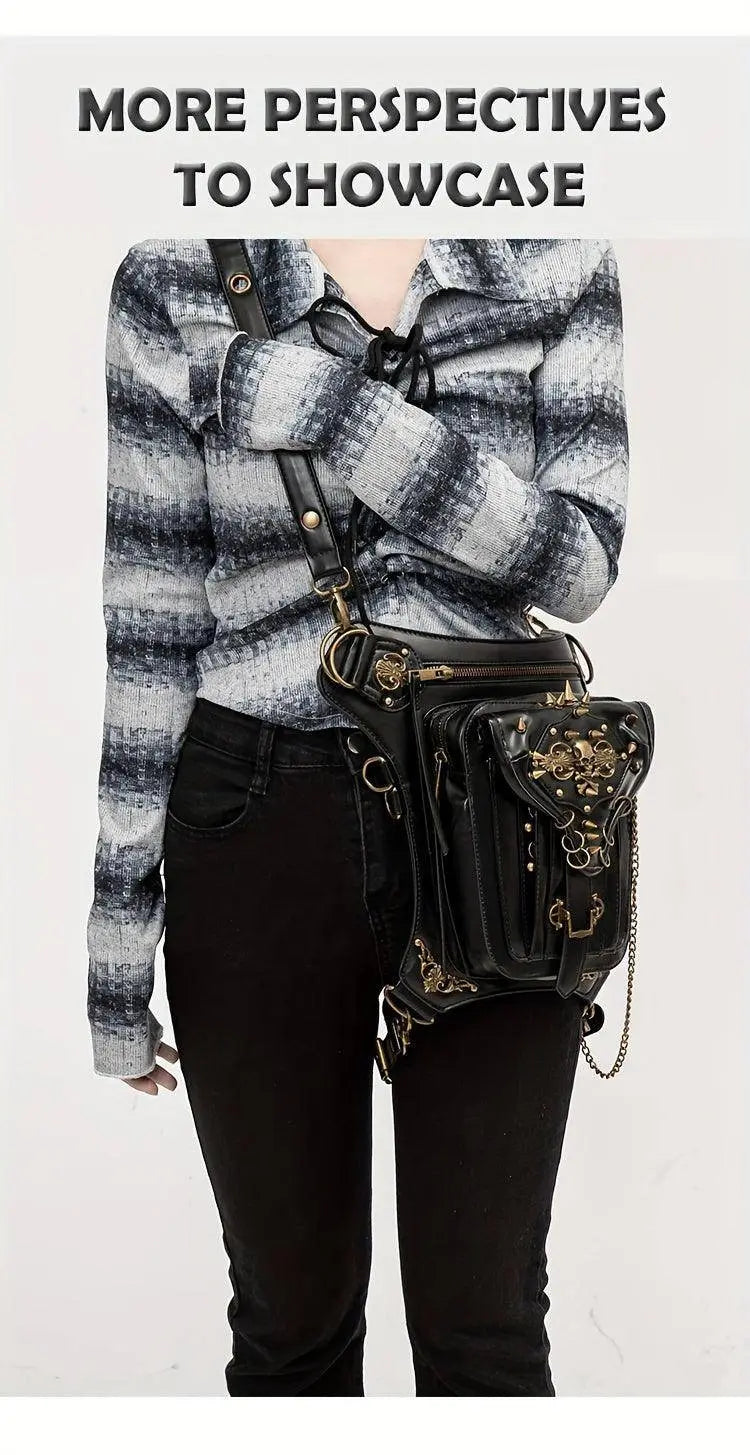 Steampunk Gothic Waist Pack with Detachable Shoulder Strap - Vintage-Inspired Faux Leather Fanny Pack for Bikers, Adjustable Belt Bag with Zip Closure & Rivet Detail, Perfect for Parties SS69