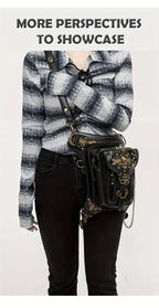 Steampunk Gothic Waist Pack with Detachable Shoulder Strap - Vintage-Inspired Faux Leather Fanny Pack for Bikers, Adjustable Belt Bag with Zip Closure & Rivet Detail, Perfect for Parties SS69