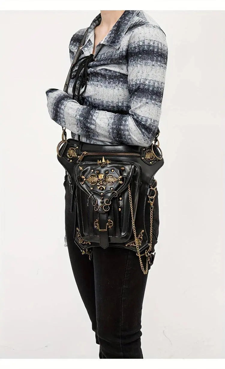 Steampunk Gothic Waist Pack with Detachable Shoulder Strap - Vintage-Inspired Faux Leather Fanny Pack for Bikers, Adjustable Belt Bag with Zip Closure & Rivet Detail, Perfect for Parties SS69