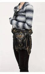 Steampunk Gothic Waist Pack with Detachable Shoulder Strap - Vintage-Inspired Faux Leather Fanny Pack for Bikers, Adjustable Belt Bag with Zip Closure & Rivet Detail, Perfect for Parties SS69