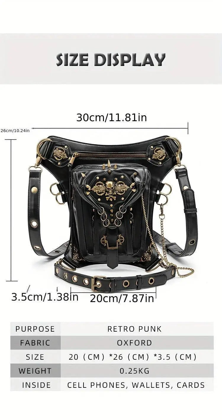 Steampunk Gothic Waist Pack with Detachable Shoulder Strap - Vintage-Inspired Faux Leather Fanny Pack for Bikers, Adjustable Belt Bag with Zip Closure & Rivet Detail, Perfect for Parties SS69