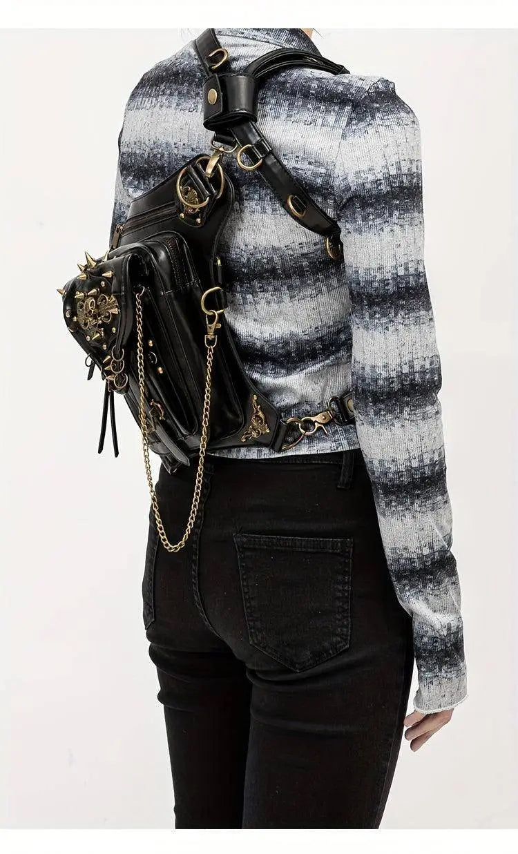 Steampunk Gothic Waist Pack with Detachable Shoulder Strap - Vintage-Inspired Faux Leather Fanny Pack for Bikers, Adjustable Belt Bag with Zip Closure & Rivet Detail, Perfect for Parties SS69