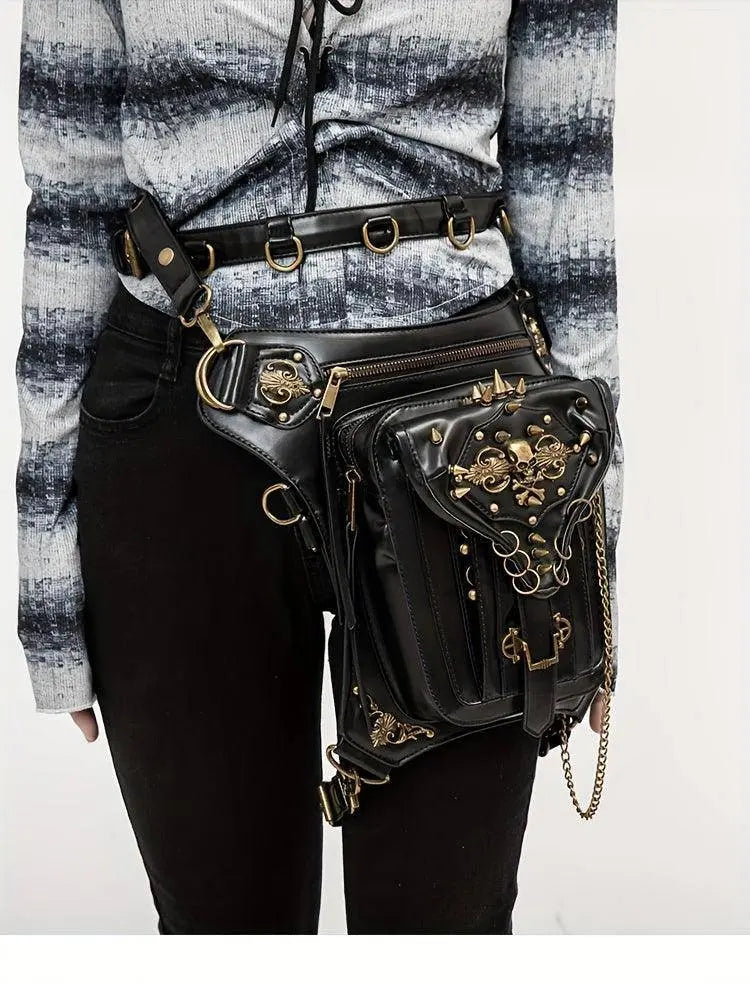 Steampunk Gothic Waist Pack with Detachable Shoulder Strap - Vintage-Inspired Faux Leather Fanny Pack for Bikers, Adjustable Belt Bag with Zip Closure & Rivet Detail, Perfect for Parties SS69