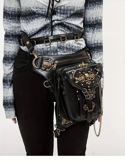 Steampunk Gothic Waist Pack with Detachable Shoulder Strap - Vintage-Inspired Faux Leather Fanny Pack for Bikers, Adjustable Belt Bag with Zip Closure & Rivet Detail, Perfect for Parties SS69