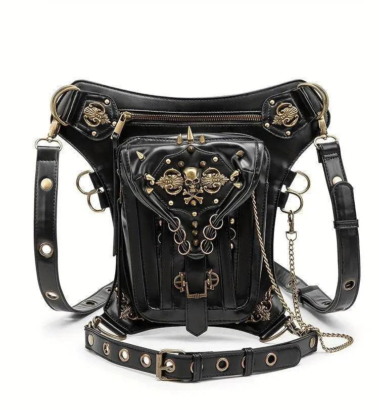 Steampunk Gothic Waist Pack with Detachable Shoulder Strap - Vintage-Inspired Faux Leather Fanny Pack for Bikers, Adjustable Belt Bag with Zip Closure & Rivet Detail, Perfect for Parties SS69